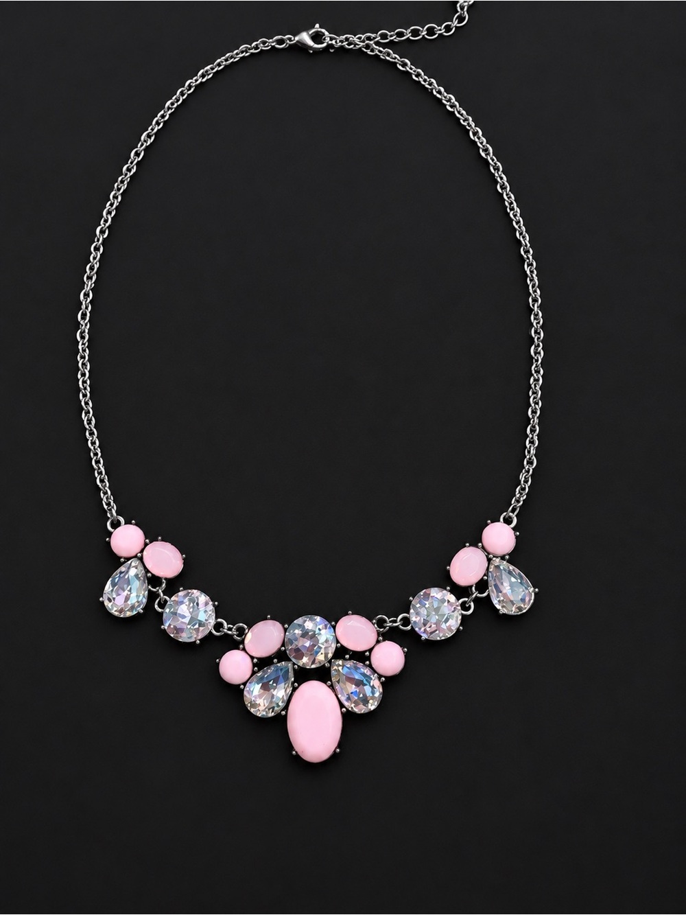 Pink & Silver Statement Necklace with Clear and Pink Faceted Stones 18-20”